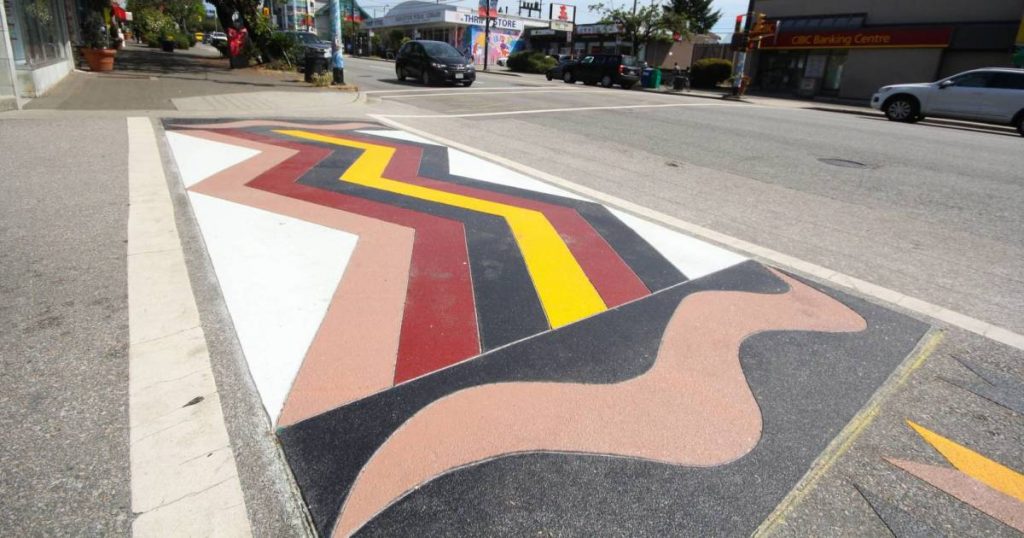 Musqueam artist Robyn Sparrow "weaves" Musqueam design into Marpole crosswalk