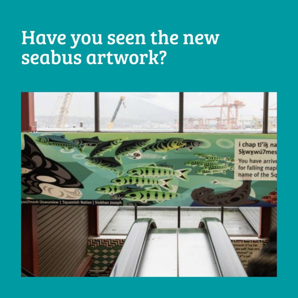 New SeaBus terminal artwork welcomes commuters in two B.C. First Nations languagesThe @translink SeaBus terminals at Waterfront Station and Lonsdale Quay now feature new Indigenous art and signage by artists ʔəy̓xʷatəna:t Kelly Cannell, Siobhan Joseph, andqʷənat Angela George.The artworks aim to revitalize Indigenous languages and raise awareness of our connections with land and water.These efforts are part of TransLink's strategies to build lasting and trusting relationships with Indigenous peoples, as well as advance reconciliations and include Indigenous languages in its transit networks. #Musqueam #MusqueamArt #Vancouver #VancouverBC #TransLinkBC #VancouverSeaBus