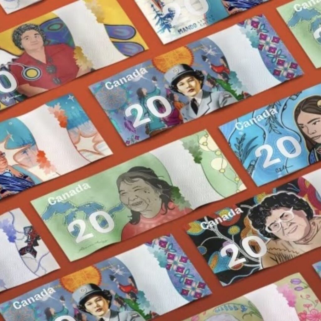 There is a power in seeing yourself represented in public spaces.And it's this representation that Mi'kmaw artist Tracey Metallic aims to create in her entry to the Native Women's Association of Canada project, Change the Bills.The design challenge commissioned 9 artists to reimagine existing bank notes with images of inspirational Indigenous women. For Metallic, her choice of hero was Margaret (Pictou) LaBillois, an accomplished and iconic figure in First Nations history.LaBillois is from the Ugpi'ganjig (Eel River Bar First Nation). During her time with the Royal Canadian Air Force in WWII, she mapped the Alaska Highway, a wartime construction project connecting Alaska to the U.S. through Canada. She was also the first woman elected chief in New Brunswick and later a member of the Order of Canada in 1996.""Anybody that had the privilege of meeting her,"" Metallic said, ""she left an impact on that person.""The entry of LaBillois is just one among 9 recognizing ""heroes"" in Indigenous history. First Nations peoples have only been featured on Canadian banknotes just a handful of times. Through this exhibition, the NWAC is honoring the existence of these heroes and showing how much they have given to Canada.While the banknotes exhibition ran until 28 January at The Local Gallery, #InternationalWomensDay offers us the opportunity to remember the inspirational Indigenous women this project is based on. #InternationalWomensDay2023 #WomensDay #Indigenous #FirstNations #IndigenousWomen #IndigenousArt