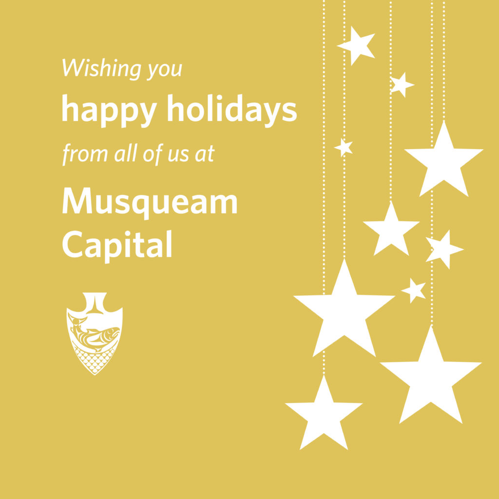 festive gold background with stars and text 'Wishing you happy holidays from all of us at Musqueam Capital'