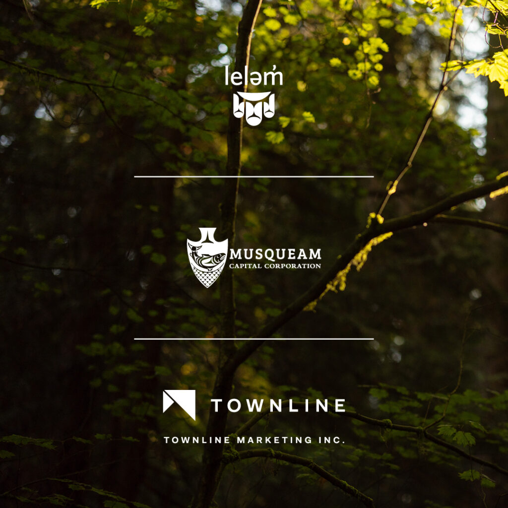Green leafy background with lelem living, Musqueam Capital Corporation and Townline Marketing Inc logos